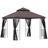 Outsunny Gartenpavillon mit Doppeldach Pavillon Gartenzelt Festzelt Partyzelt mit 4 x Seitenwand Metall+Polyester Kaffee 2,99 x 2,99 x 2,74 m