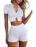 LAOARA Yoga-Shorts-Set für Damen, 2-teilig, nahtlos, gerippt, mit Reißverschluss, Tanktop, hohe Taille, Shorts, Trainingsanzug, Weiss/opulenter Garten, Small
