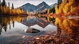 Poster-Bild 140 x 80 cm: Bergsee mit Herbstbäumen und Spiegelung im Wasser, Kanada. (204263219)