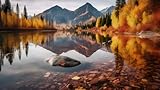 Poster-Bild 140 x 80 cm: Bergsee mit Herbstbäumen und Spiegelung im Wasser, Kanada. (204263219)