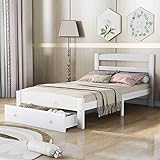 Banemi Kinder Bett 90X200cm, Bettgestell Weiß Massivholzbett Kinderbett mit Lattenrost und Schublade mit Kopfteil Wohnzimmerbett