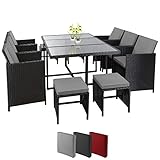 Montafox Poly Rattan Sitzgruppe 10 Personen mit 6 Stühlen, 4 Hockern und 1 Tisch Sitzkissen 5cm Gartenmöbel Set Terrasse Sitzgarnitur Essgruppe, Farbe:Kieselstrand