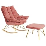 Schaukelstuhl Mit Hocker - Mitte Des Jahrhunderts Samt Stoff Getuftet Schaukelstuhl, Moderne Freizeit Sessel Geeignet Für Wohnzimmer, Schlafzimmer, Balkon Zimmer Ergonomischer Stuhl(Color:Rosa)