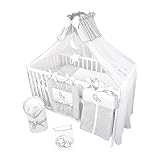 Bello24 - 16 Teiliges Babybett Kinderbett und Bettwäsche komplett Set Happy Leo inkl. Matratze höhenverstellbar für Neugeborene Babys und Kleinkinder aus Massivholz (Grau - Teddybär Mond)