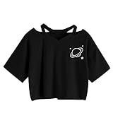 Oberteile Frauen Sommer, Ulanda Teenager Mädchen Mode Crop Top Sport V-Ausschnitt Shirt Bluse Damen Casual Rose Stickerei Kurzarm T-Shirts Hemd Tops Pullover Sale (Schwarz 2, S)