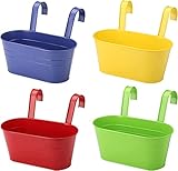 KAHEIGN 4Pcs Metall Hängende Blumentöpfe, 27,5cm Blumentöpfe Pflanzentöpfe Hängende Blumeneimer Pflanztop Übertopf zum Aufhängen mit Abnehmbarem Haken für Balkon Zaun Garten (4Farben)