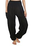 Lofbaz Damen Haremshose Yogahose Pumphose Hippie Hose Boho Kleidung Festival Outfit Sommerhose Leicht Sommer Hosen - Solid 1 Schwarz L