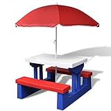 JUNZAI Kinder-Picknicktisch mit Bänken Sonnenschirm, Kindertisch, Spielhaus Kinder Outdoor, Outdoor Spielzeug, Kinder Tisch Stuhl Set, Kindersitzgruppe, Mehrfarbig