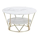 Ginhow Marmor Couchtisch | Design Wohnzimmertisch Rund | Beistelltisch Gold Metall | Stubentisch mit Ablage | Tisch Wohnzimmer Modern | Marmor Tisch Stabiler| Coffee Table 80 x 80 x 45 cm - Weiß