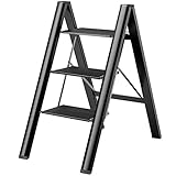 BQKOZFIN 3-Stufen-Klappleiter, Alu Leiter, Leicht Stufenleiter mit Anti-Rutsch Breites Pedal für Haushalt, Küche, Büro, Malerei, Garten, Belastbar bis 150kg, Schwarz