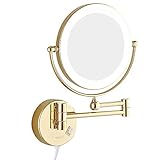 FUDGIO Wandmontierter Kosmetikspiegel for das Badezimmer, 20,3 cm, doppelseitiger Messing-Vergrößerungs-Schminktisch, Faltbarer Schalter, elektrischer Stecker (Color : Gold, Size : 5X)