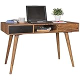 FineBuy Schreibtisch REPA Schwarz 117x60x75 cm Sheesham Massivholz PC-Tisch mit Schubladen | Design Retro Computertisch | Home-Office Bürotisch mit Stauraum | Konsolentisch Klein