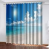 3D Strand Blaue Meereslandschaft Muster Verdunklungsvorhänge 200X164cm (BxH) 2 Stücke Vorhang Blickdicht Für Mädchen Junge Kinderzimmer Fensterdekoration, Gardinen Wohnzimmer Schlafzimmer Ösenvor