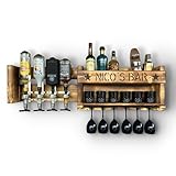 Wandregal Holz mit Getränkespender- Bar Personalisiert mit Namen Geschenkidee –Fach für Gläser & Flaschenhalter - 118x30cm Groß, Vintage geflammt