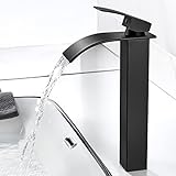 kisimixer Wasserfall Wasserhahn Bad Schwarz Matt, Hoch Wasserfall Waschtischarmatur, Waschbecken Wasserfall Armatur mit Auslauf Höhe 235mm Moderner Mischbatterie Waschbecken für G3/8'' Anschlüsse