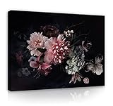 Leinwandbild Blumen Schwarz Canvas Bilder XXL Groß Wohnzimmer Schlafzimmer Modern Wandbild Wandbilder Wand Bild auf Leinwand Kunstdruck Aufhängefertig (100x75 cm)