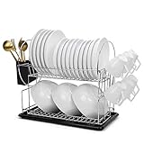 AwmnSrman Abtropfgestell Geschirr 2-Stufiges Geschirrtrockner Edelstahl Geschirrabtropfgestell Spüle mit Besteckkorb Getränkehalter und Abtropfwanne Schnell Abtropfen Lassen Silber