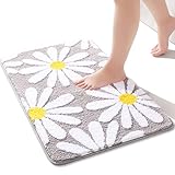 Grau Badezimmerteppich Niedliche Gänseblümchen Badematte Rutschfest Waschbar Badteppich Weiße und Gelbe Blume Badvorleger Weiche Mikrofaser Duschvorleger Absorbierende Badezimmer Teppich 40 x 60 cm