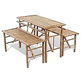 JUNZAI Biertisch mit 2 Bänken, Bierzeltgarnitur, Camping Tisch Stuhl Set, Gartenmöbel Set, 100 cm Bambus