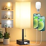 Kakanuo Nachttischlampe USB A+Typ-C-Anschlüssen, Tischlampe mit 3 Farbtemperaturen, Zugschalter, Weißer Leinen-Lampenschirm Inklusive Birne, Kleine Lampe für Schlafzimmer Wohnzimmer Büro Kinderzimmer