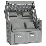 vidaXL Strandkorb mit Kissen Gartenliege Volllieger Sonnenliege Sonneninsel Strandliege Zweisitzer Liege Strand Poly Rattan Massivholz Grau