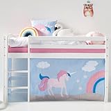 Hoppekids Mädchen Bett 70x160 / Jungen Bett mit Einhorn-Vorhang | Kinderbett/Bett Mädchen | Bett für Mädchen und Jungen | Massives Kiefernholz