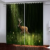 SATUSA Verdunkelungsvorhang Kinderzimmer Junge Mädchen Blickdichter Ösenvorhang 3D Grüner Waldhirsch Muster Ösenschal 2Er Set 200X160Cm Vorhänge Schlafzimmer Thermo Gardinen Fensterdekoration
