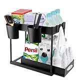 KEWUZY Unter Waschbecken Regal 2 Etagen, Sink Schrank Organizer mit 6 Haken und 2 Tasse, Herausziehbarer Spülschrankregal für Badezimmer, Küchen