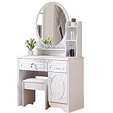 TEmkin Schminktisch-Hocker-Set, Schminktisch mit Spiegel und 3 Schubladen, europäischer Holz-Schminktisch, Schlafzimmer, Mädchen-Schminktisch, Möbel