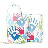 Silikon-Ofenhandschuhe für Kinder, handbedruckt, Topflappen, Küchenhandschuhe, 2-teiliges Set
