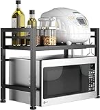 Mikrowellen Regal,erweiterbarer Mikrowellenregal-Ofen-Rack-Aufbewahrungslösungs-Kitchen OrganizerUtensilienhalter einstellbare Breite & Höhe Küchenständer Theke Regal mit 3 Haken (Schwarz, 1 Ebene)