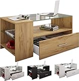 VCM Holz Couchtisch Sofatisch Wohnzimmertisch Beistelltisch Schublade Glas Tindala Honig-Eiche