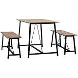 HOMCOM Esstisch Esszimmergruppe mit Metallgestell, Bartisch Set, Essgruppe mit 2 Bänken, Küchentisch-Set für Esszimmer, Küche, Industriedesign, Rustikal-Braun, 120 x 80 x 75 cm