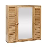 Mendler Spiegelschrank HWC-B18, Badspiegelschrank Hängeschrank, 3 Regalböden 3 Türen Bambus Spiegel 60x60x15cm