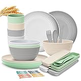 Plastik Geschirrset,Camping Geschirr Set 4 Personen,Unzerbrechliches Plastikgeschirr Campinggeschirr mit Besteck Set,kunststoffgeschirr Tafelservice für Picknick, Party, Outdoor, Geschenk, Camping