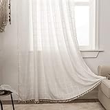 Freyamy Vorhänge Durchscheinend Bohemian Bestickte Weiß Karo Quasten Vorhang Baumwolle Leinen Gardinen Boho Vintage Schiebevorhänge Blickdich Wohnzimmer Fensterdekoration 1 Stück (B140xH120)