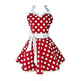 Küchenschürze für Frauen, Retro-Küchenschürze für Damen/Mädchen, aus Baumwolle, gepunktet,Vintage Schürze für Chef Bäcker, Perfekt zum Kochen, Backen, Gartenar Rot