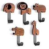 Biroyal Kindergarderobe, Kleiderhaken für Kinder in Tierform, Wandhaken aus Walnussholz Garderobenhaken, Kinder Wandaufhänger, Tiere-Löwe/Elefant/Nilpferd/Giraffe/Nashorn(inkl. 5 schwarze Metallhaken)