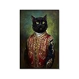 PHOLK Wohnkultur Leinwand-Wandbild klassischer Stil die schwarze Katze trägt Vintage-Kleidung Leinwandmalerei Tierposter und Kunstdruckee Wand Bilder Wohnzimmer Dekoration 40x60cm x1 Rahmenlos