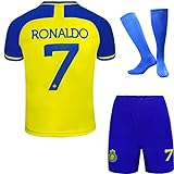 Soft Gardin Ronaldo Nr. 7 Nassr Riyadh Al Home Fußball Trikot/Shorts Socken Geschenkset Jugendgrößen (Blau/Gelb, 28)