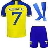 Soft Gardin Ronaldo Nr. 7 Nassr Riyadh Al Home Fußball Trikot/Shorts Socken Geschenkset Jugendgrößen (Blau/Gelb, 28)