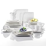 vancasso Cloris 30-teilig Porzellan Tafelservice Weiß, Eckiges Geschirrset, mit je 6 Kaffeetassen, Untertassen, Dessertteller, Essteller und Suppenteller
