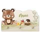 Kindergarderobe Holz mit Wunschtext - Aquarell Waldtier Bär mit Wunschname, Größe HxB: 25x40 cm