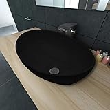 BULANED Keramik Waschtisch Waschbecken, Aufsatzwaschbecken, Waschtisch, Washbasin, Waschschale, Waschbesen, Aufsatzbecken, Aufsatzwaschbecken, Oval schwarz 40 x 33 cm