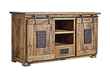 MASSIVMOEBEL24.DE | Railway massives Sideboard - Natur lackiert | Mangoholz | 2 Türen - 1 Schublade | 128x45x70 | Used-Look | Kommode Tv-Sideboard Wohnzimmer-Schrank