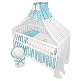 Bello24 - 11 Teiliges Kinderbettwäsche Babybettwäsche Komplettset ohne Bett Bestickt mit Teddybär auf dem Mond Azurblau (100x135 cm)