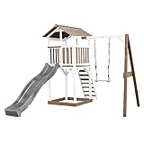 AXI Beach Tower Spielturm aus Holz in Braun & Weiß | Spielhaus für Kinder mit Grauer Rutsche, Schaukel und Sandkasten | Stelzenhaus für den Garten