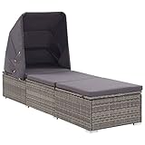 vidaXL Sonnenliege mit Sonnenschutz Auflagen Gartenliege Strandliege Relaxliege Saunaliege Gartenmöbel Liege Liegestuhl Poly Rattan Grau