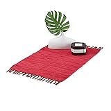 Relaxdays Flickenteppich, 50 x 80 cm, Baumwolle, handgewebt, rutschfest, waschbar, mit Fransen, Fleckerlteppich, rot, 10037717_562