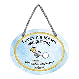 Furzt die Möwe Hängeschild - Metallschild mit Kordel und Saugnapf - lustiges Blechschild für Ostsee Nordsee Fans - Dekoration für Küche Strandkorb Balkon Terrasse Boot - 18x12cm